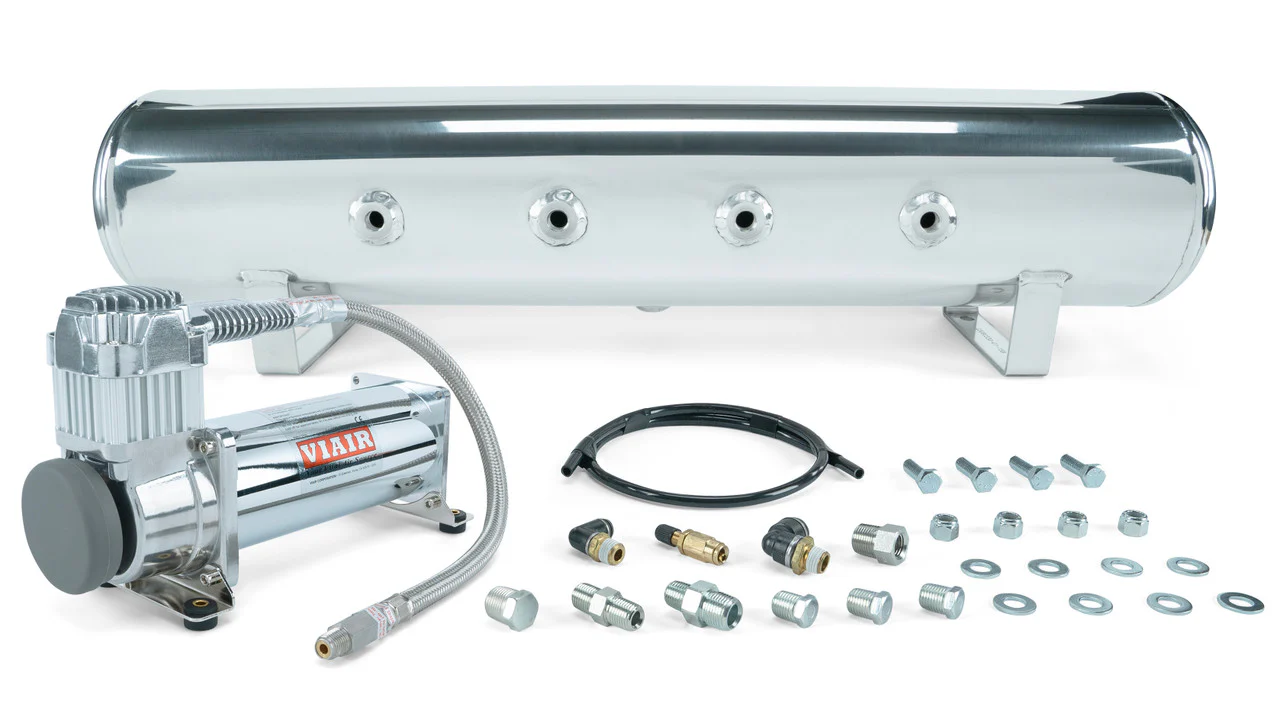 Air Lift Performance 4 Gal. 7 Port Polished Tank w/ Viair 444c chrome compressor, 1/4" & 3/8" fittings & tank mounting hardware