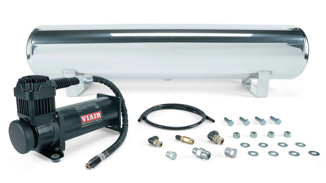 Air Lift Performance 4 Gal. Polished Tank w/ Viair 444c black compressor, 1/4" & 3/8" fittings & tank mounting hardware