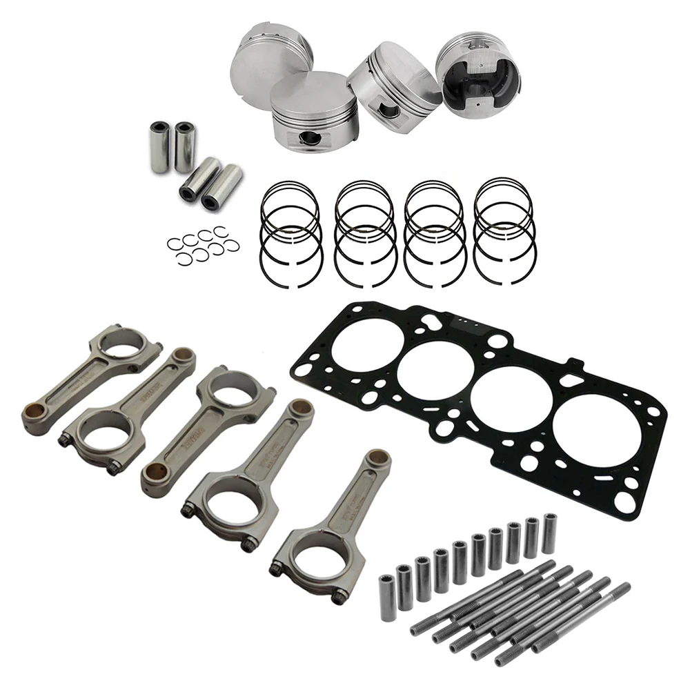 SPA TURBO Forged flat top piston and rings set 83.5mm VW 2.0L 8V + VW 144mm x 20mm Super A connecting rod set 3/8" bolt (1000hp) + Decompression Head Gasket Spacer - 0.5mm + Head stud set