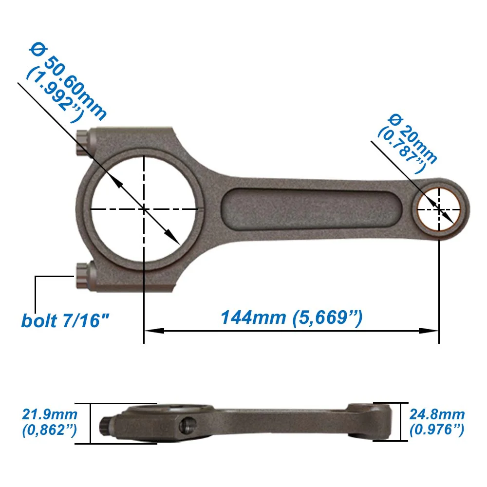 FORGED PISTON AND RINGS SET 82,5MM VW/AUDI 2.0L TSI + 144MM X 20MM HIGH PERFORMANCE STEEL CONNECTING ROD SET 7/16"" BOLT (1000HP) - Image 3