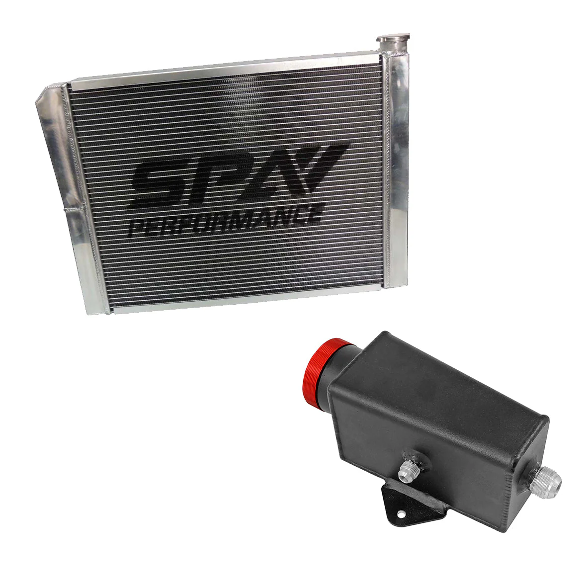 SPA TURBO Lightweight Late Model Radiator - Double Pass - 26.8" x 19.6" + Power Steering Tank Firewall Mount (Right Inlet) - Red Cap